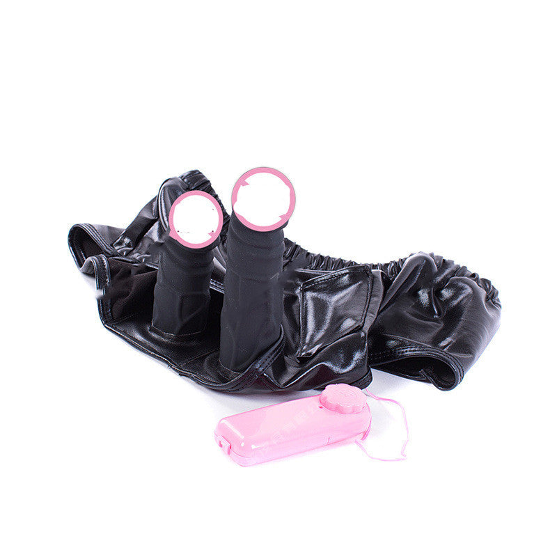 Double Penetration Vibrating Silicone Dildo Panties Sexy PU Leather Hot Pants
