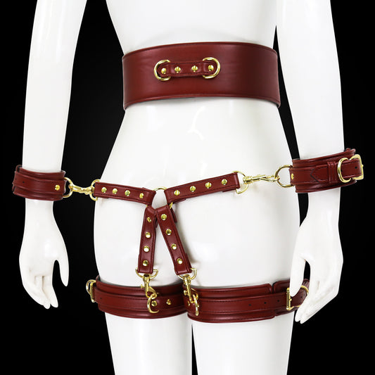 4-piece leather bundled corset, cuffs, and bondage cross