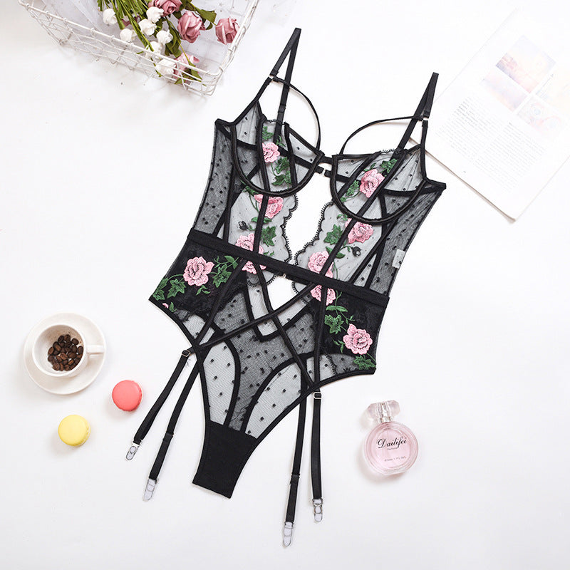 Women's Classic Embroidery Heavy Craft Lace Mesh Stitching Teddy