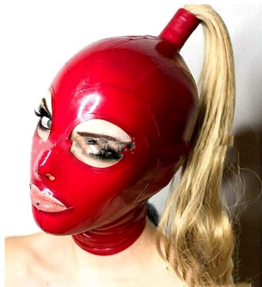Latex Ponytail Hood Mask With Ponytail Wig
